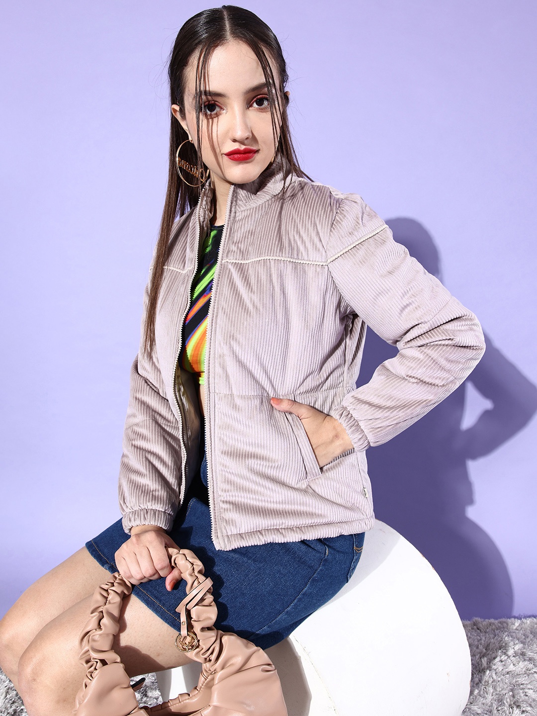 

Roadster Women Mauve Solid Corduroy Padded Jacket