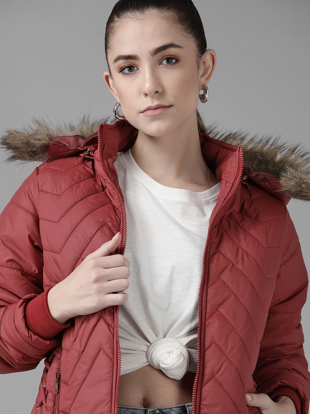 

Roadster Women Maroon Solid Detachable Hood Parka Jacket