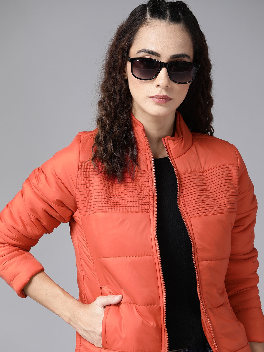 

Roadster Women Coral Orange Solid Padded Jacket