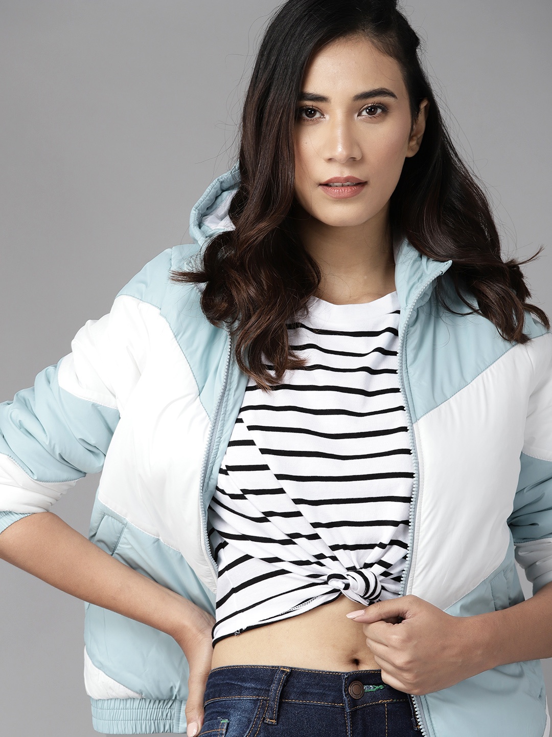 

Roadster Women Blue & White Colourblocked Bomber Jacket