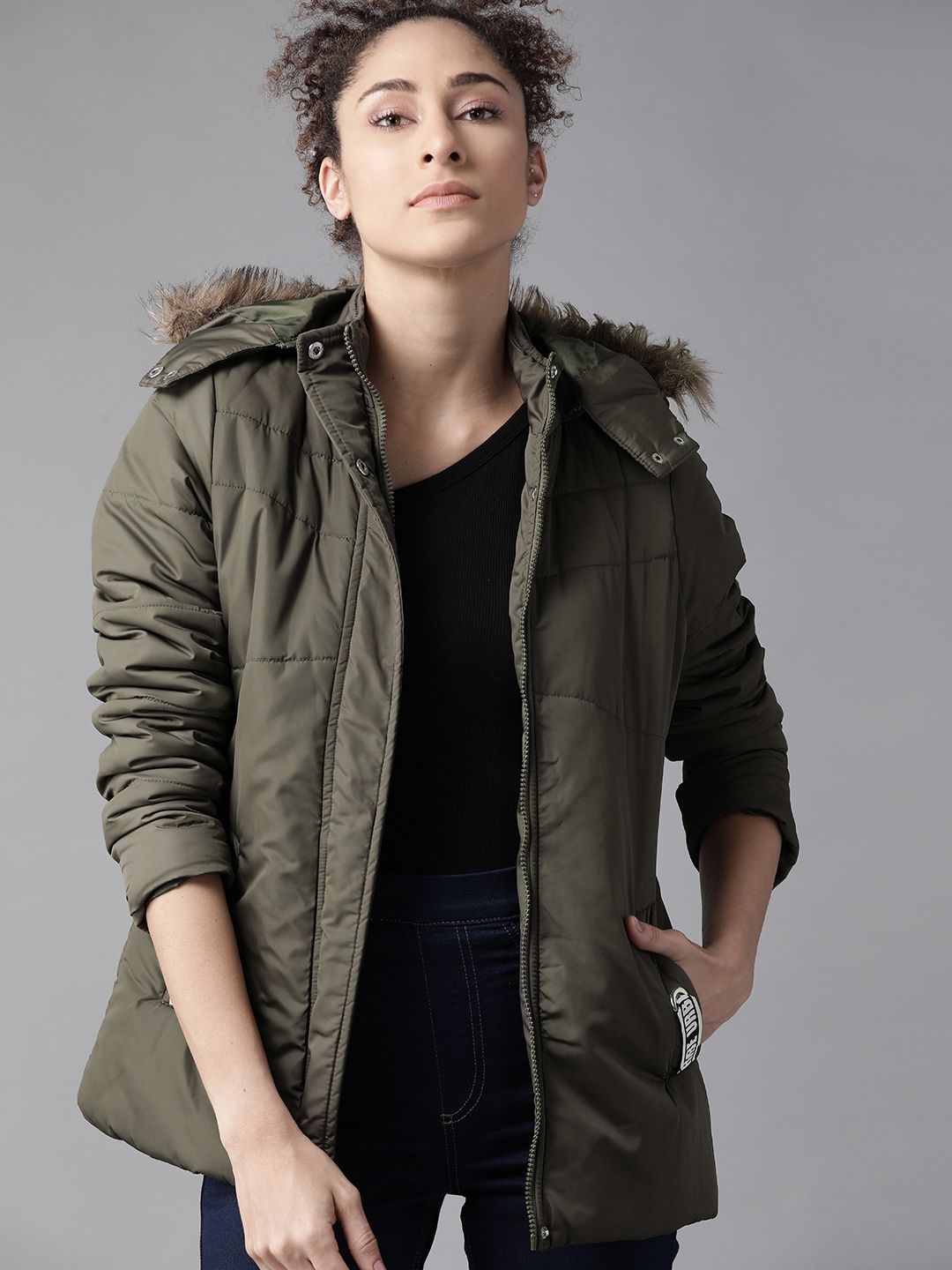 

Roadster Women Olive Green Hooded Parka Jacket