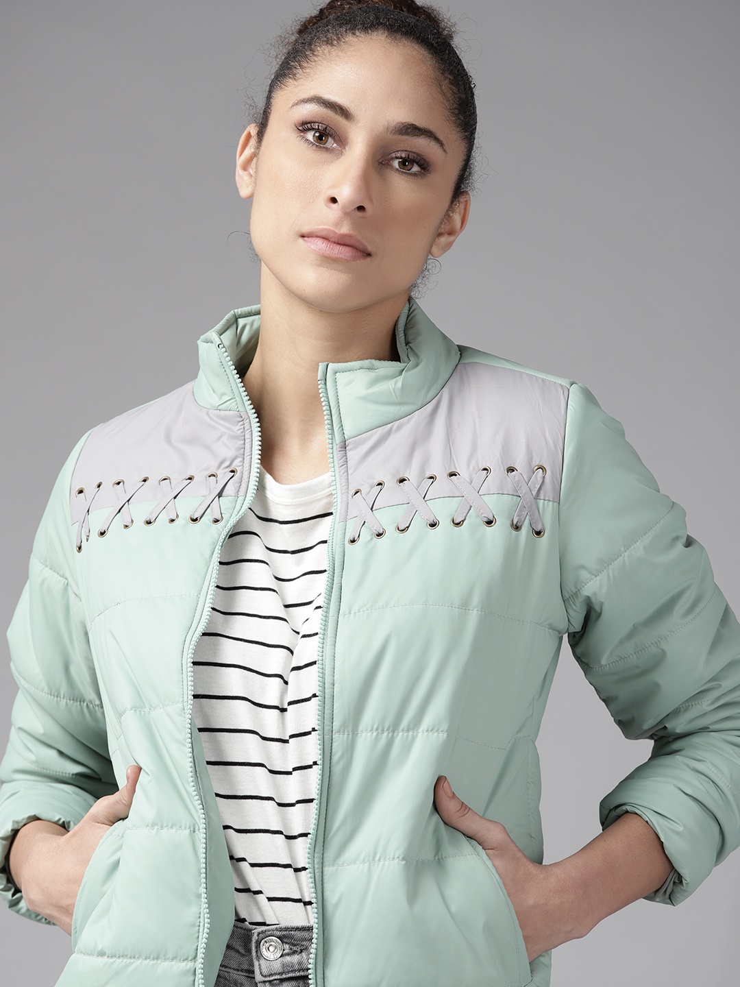

Roadster Women Green Grey Colourblocked Padded Jacket
