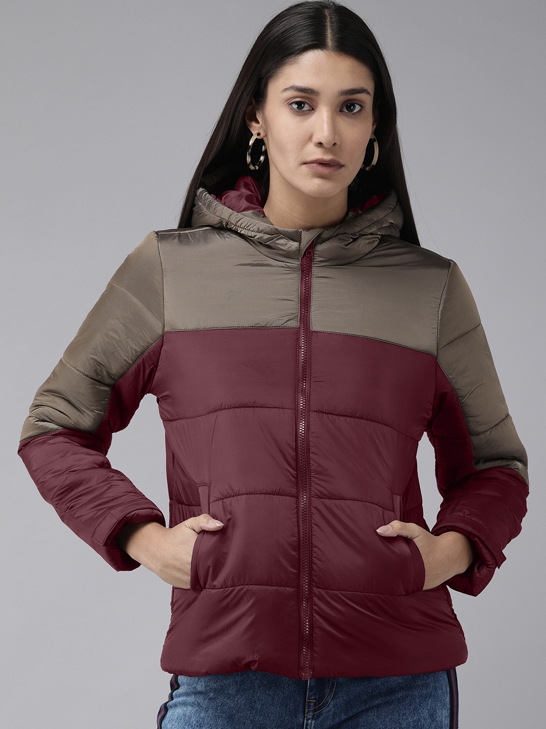 

Roadster Women Maroon & Olive Colourblocked Puffer Jacket