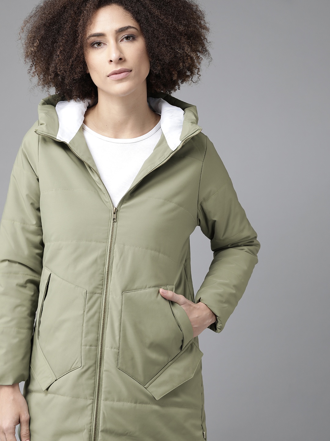

Roadster Women Green Hooded Longline Padded Jacket