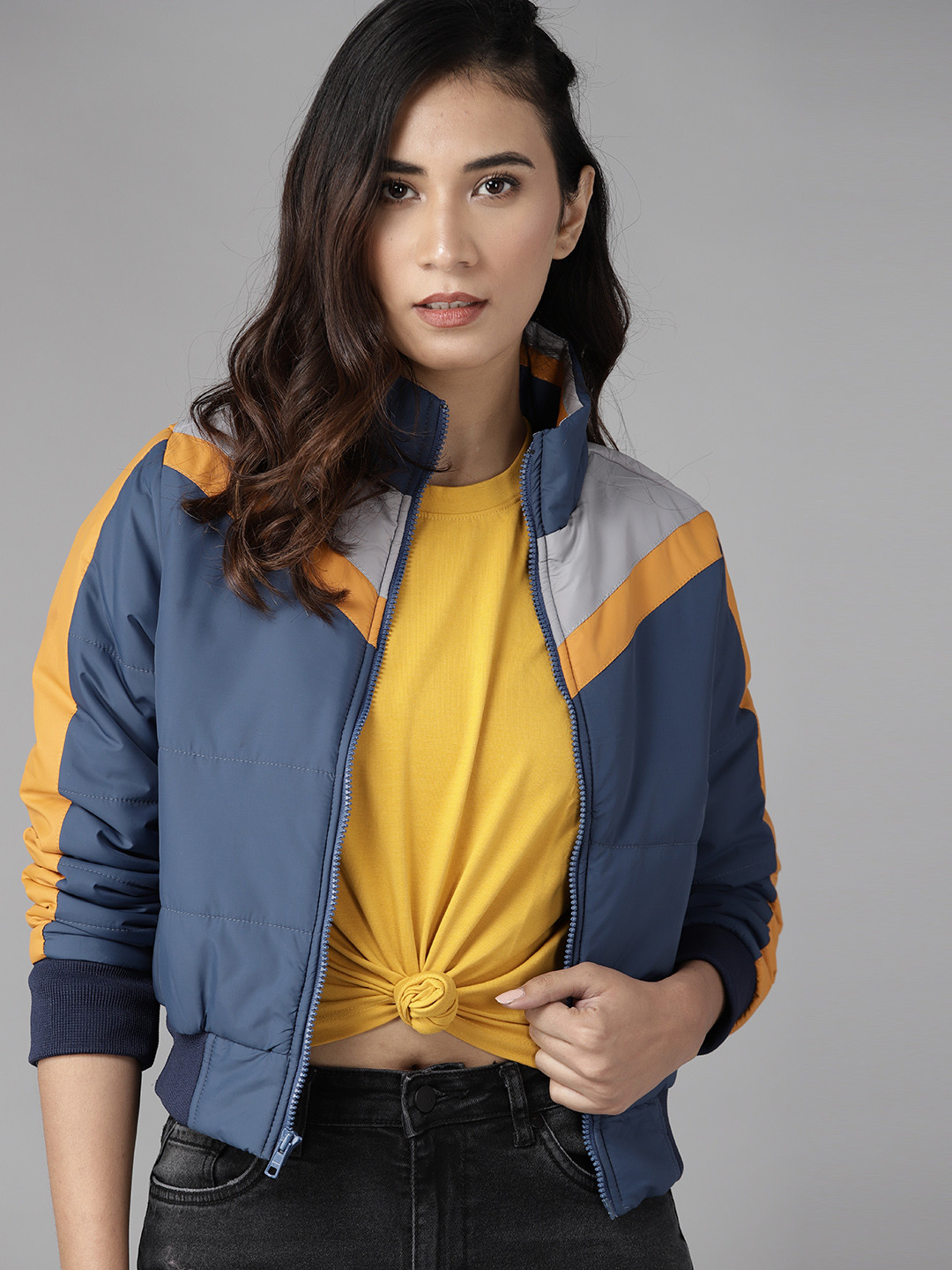 

Roadster Women Navy Blue Grey Striped Bomber Jacket