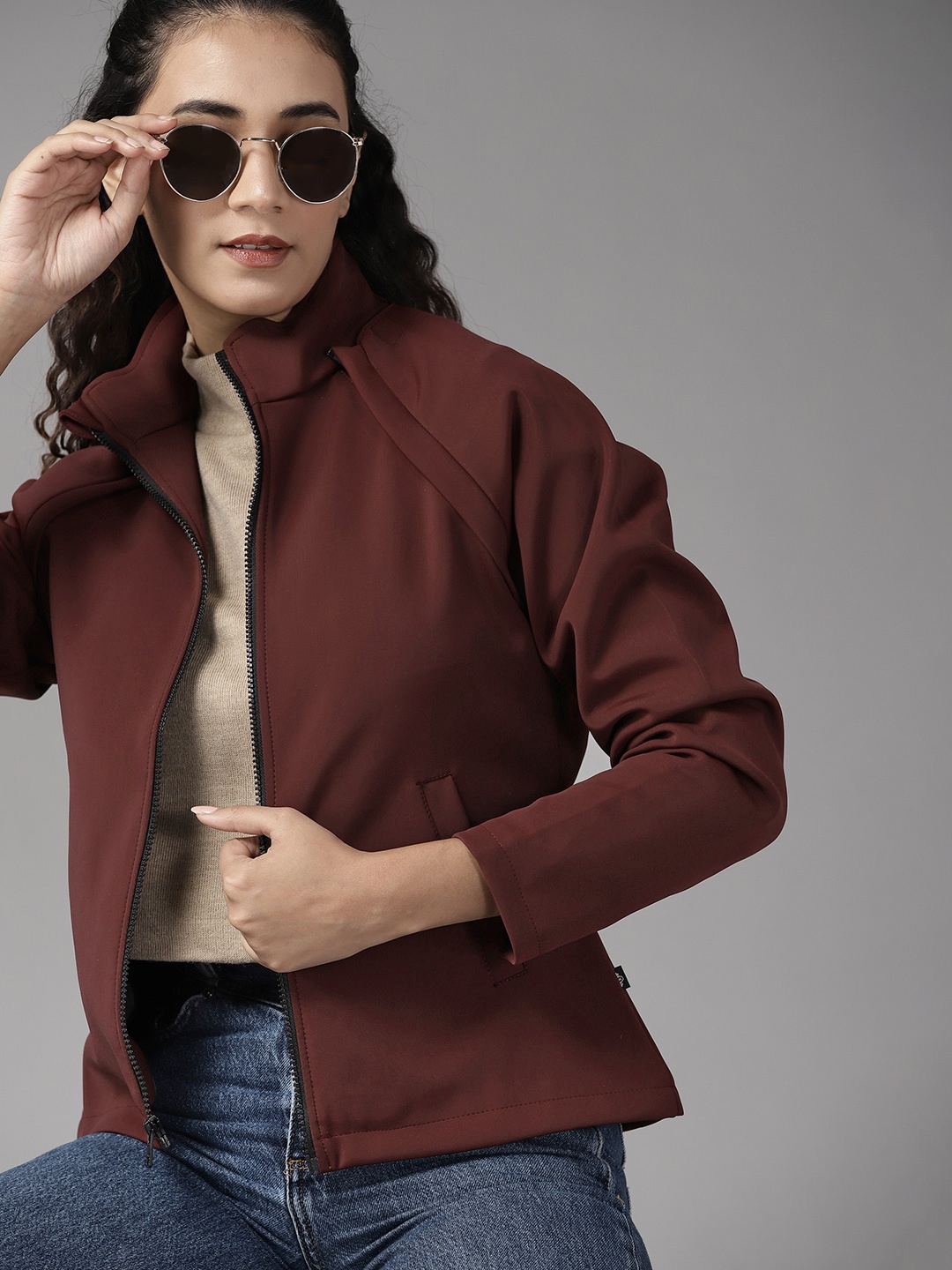 

Roadster Women Burgundy Convertible Jacket with Detachable Sleeves