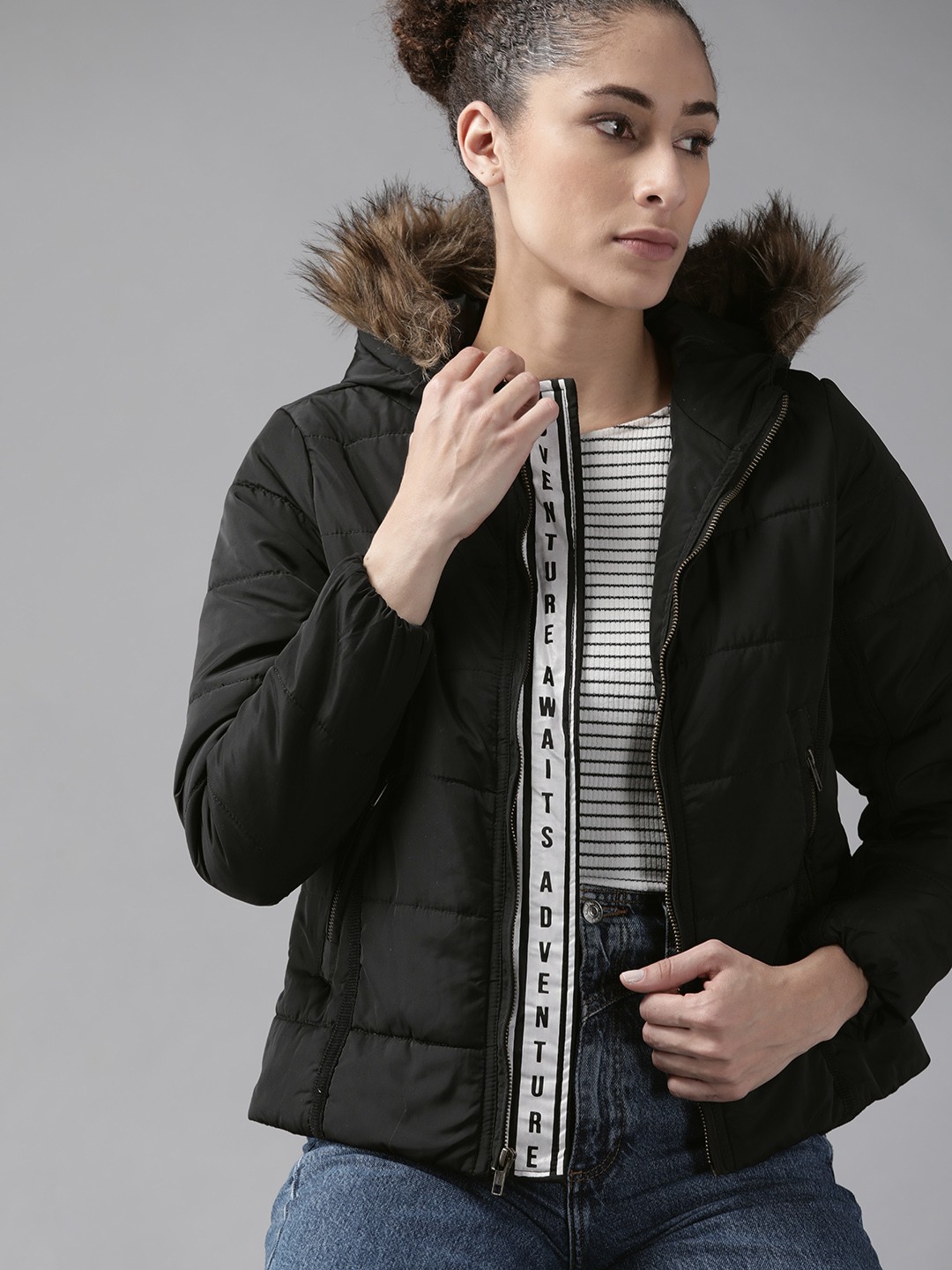 

Roadster Women Black Solid Hooded Parka Jacket