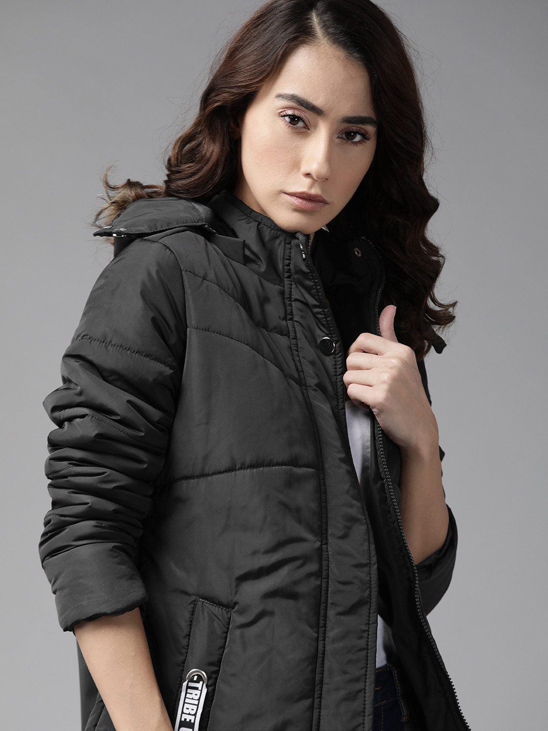 

Roadster Women Black Solid Hooded Parka Jacket