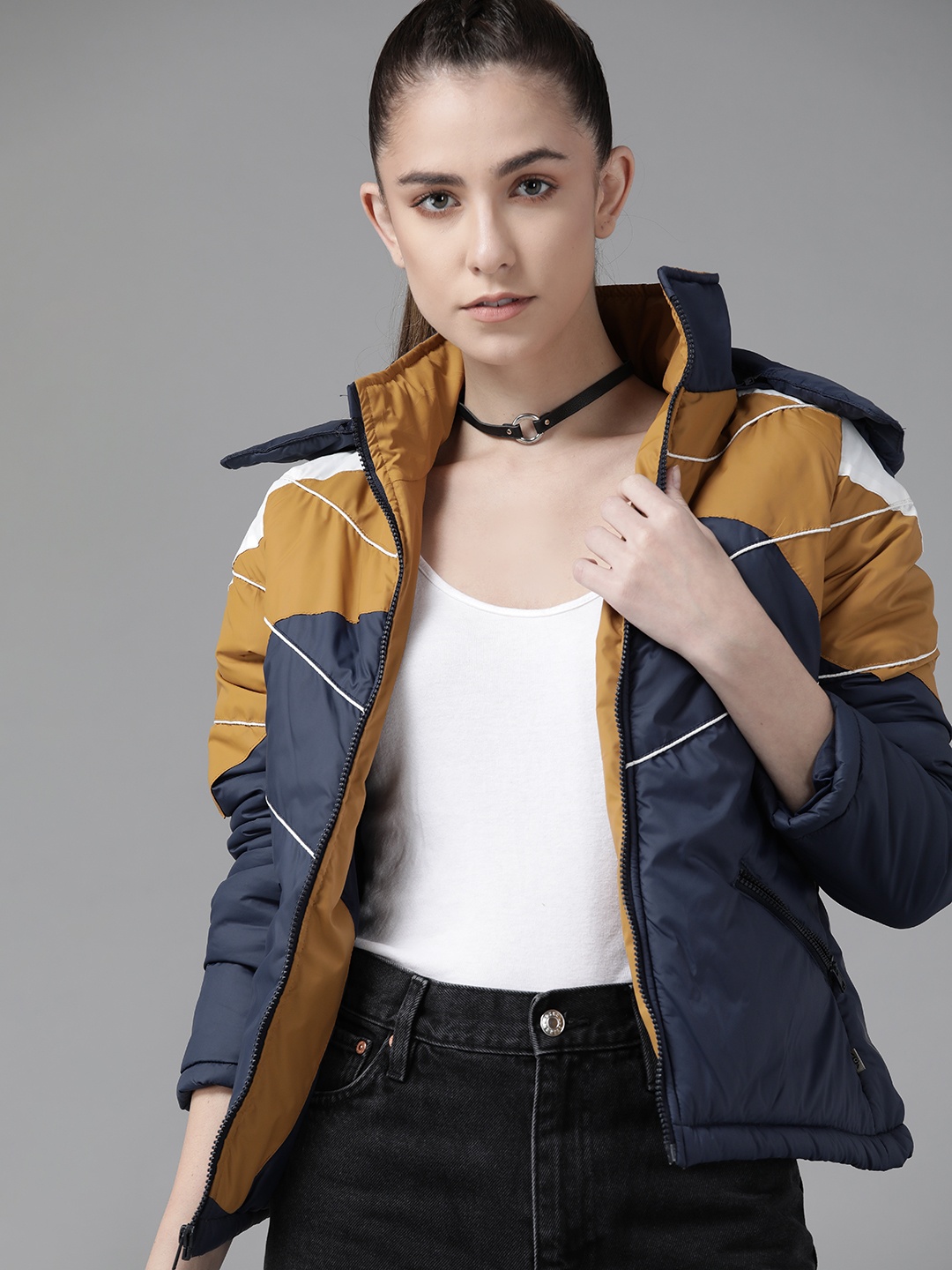 

Roadster Women Navy Blue & Mustard Brown Colourblocked Padded Jacket with Detachable Hood