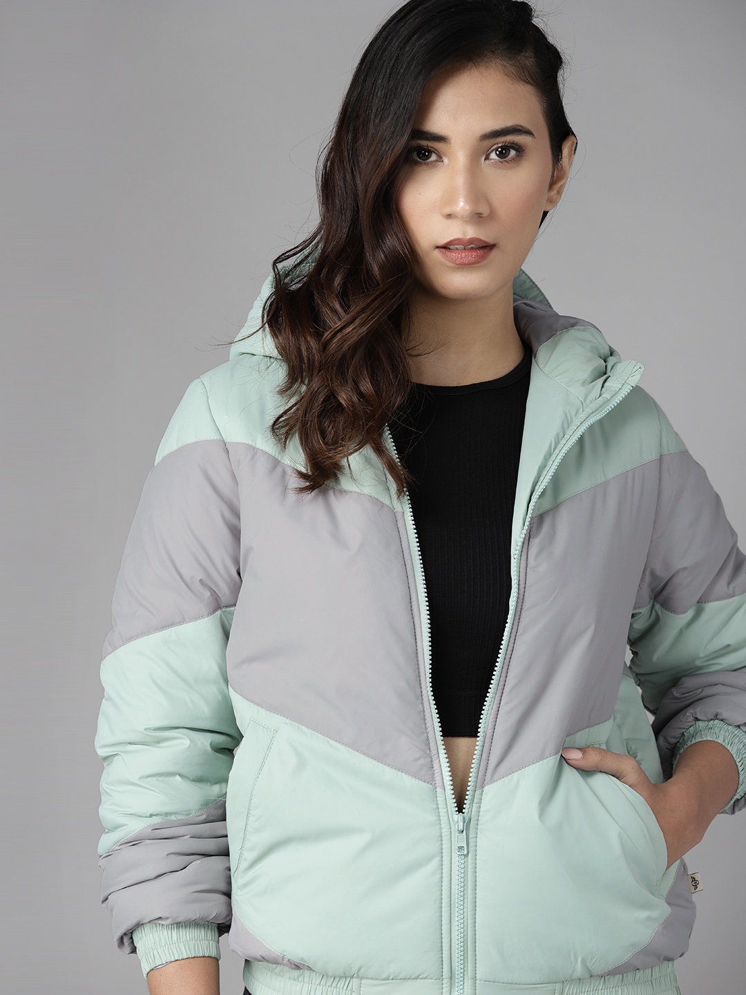 

Roadster Women Green & Grey Colourblocked Bomber Jacket