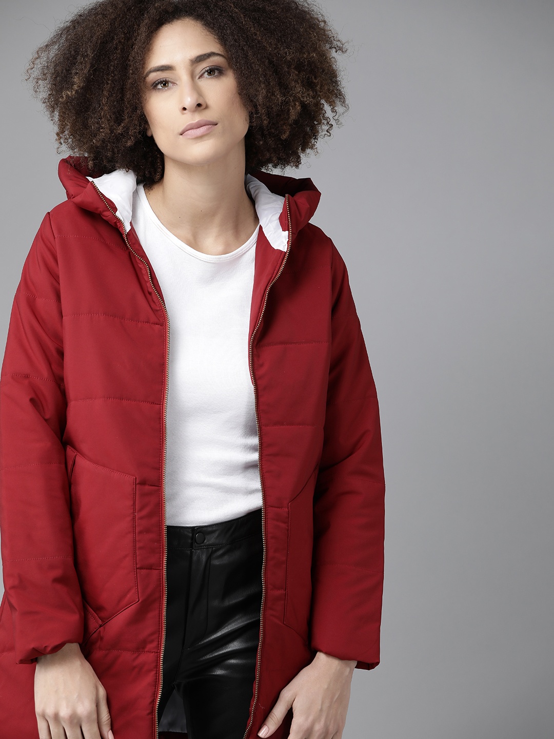 

Roadster Women Maroon Solid Hooded Longline Padded Jacket