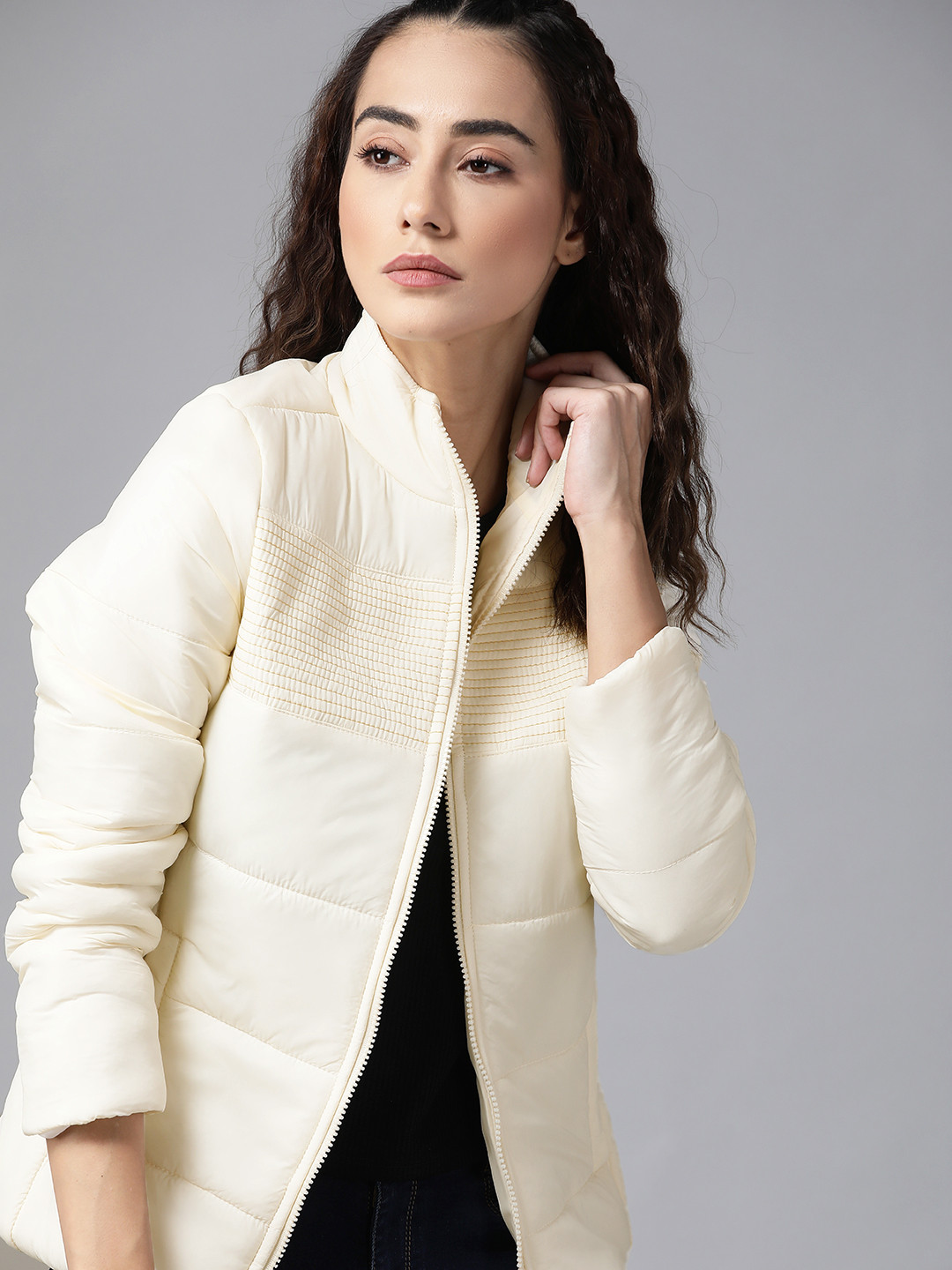 

Roadster Women Cream-Coloured Solid Padded Jacket