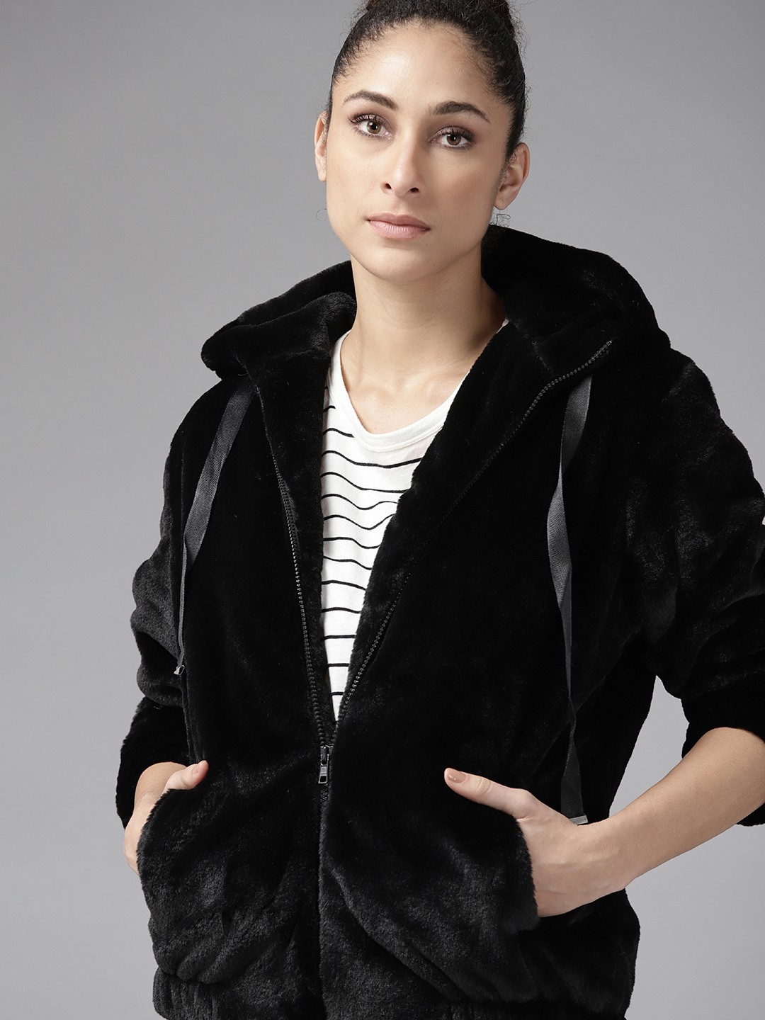 

Roadster Women Black Hooded Fur Jacket