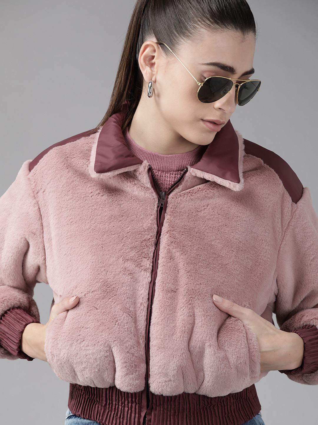 

Roadster Women Pink Solid Faux fur Cropped Bomber Jacket