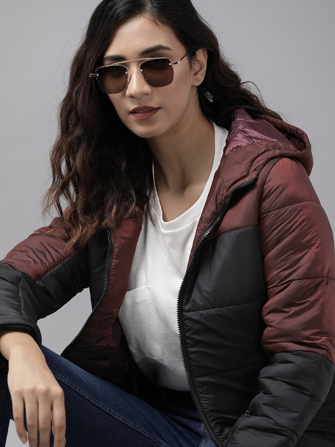 

Roadster Women Black & Maroon Colourblocked Padded Jacket