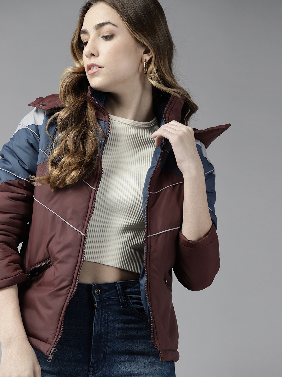 

Roadster Women Maroon & Blue Colourblocked Padded Jacket with Detachable Hood