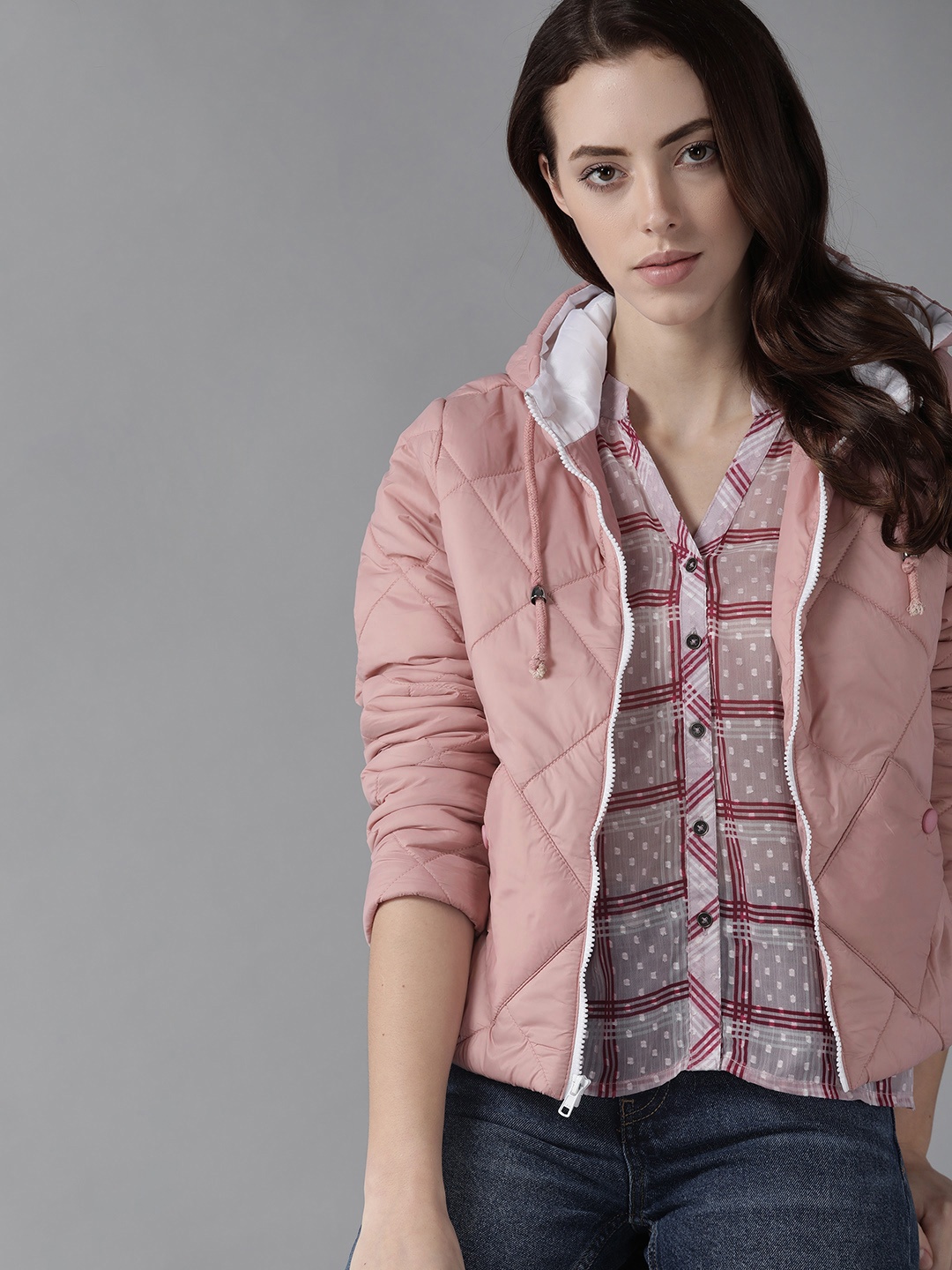 

Roadster Women Pink Hooded Quilted Jacket