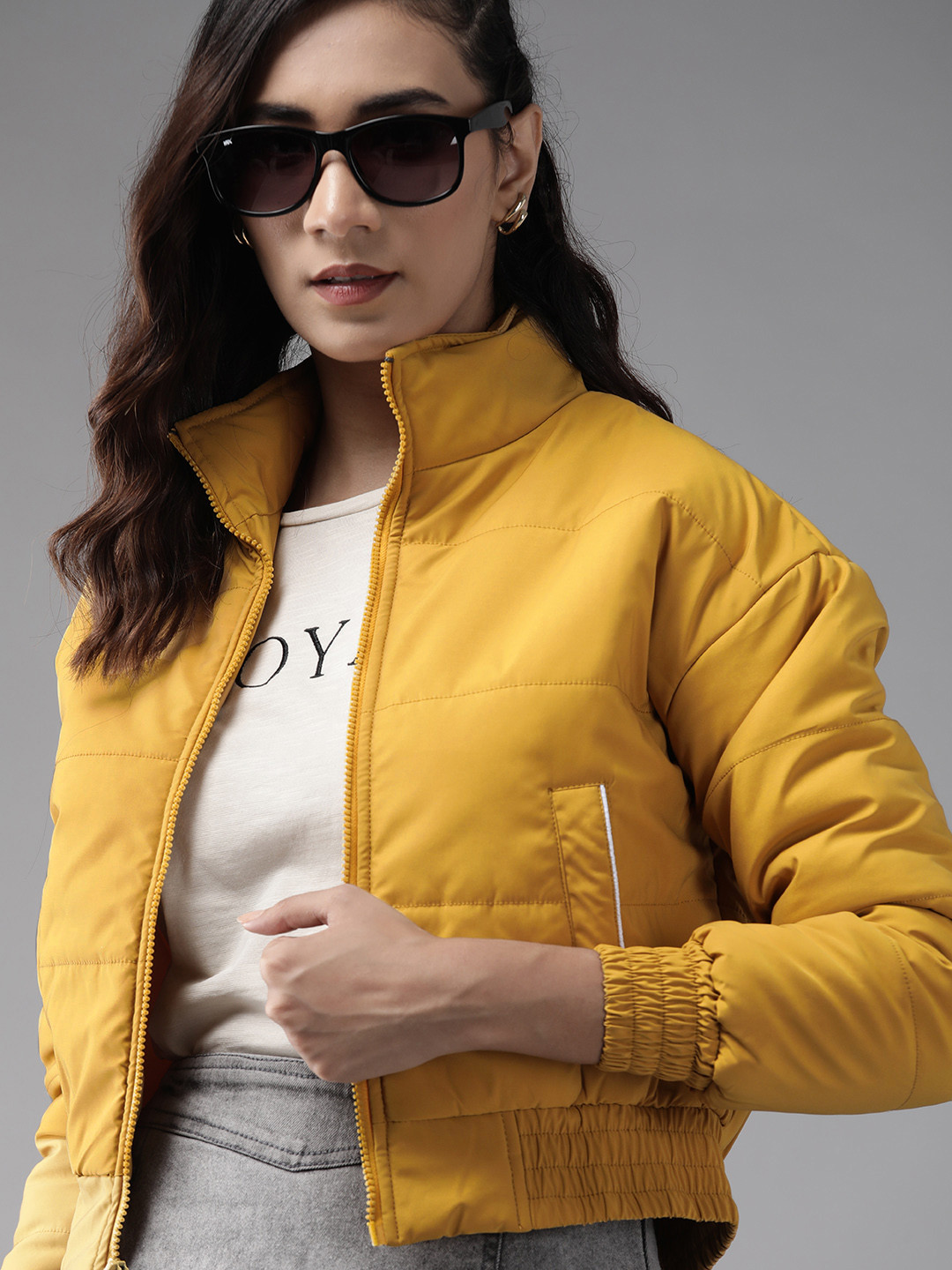 

Roadster Women Mustard Yellow Solid Bomber Jacket