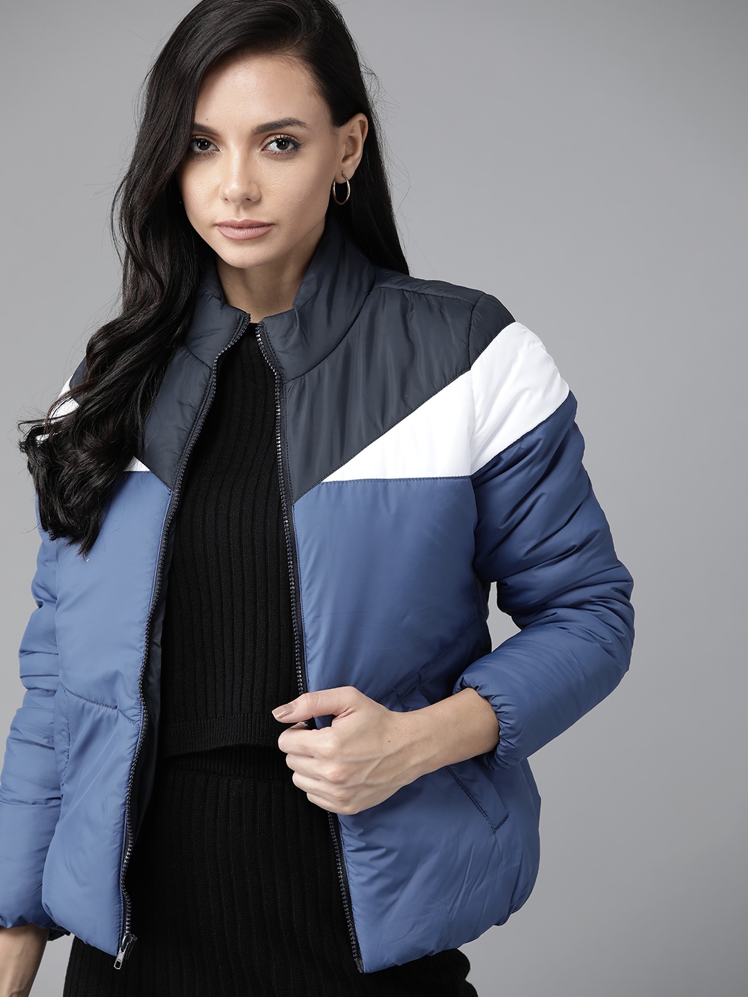 

Roadster Women Blue Colourblocked Padded Jacket