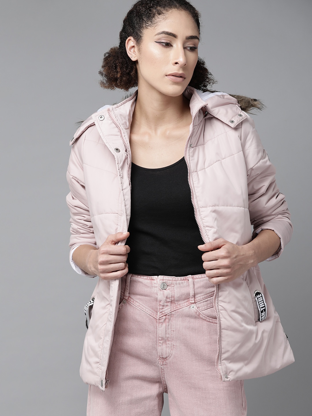 

Roadster Women Pink Solid Parka Detachable Hood Jacket