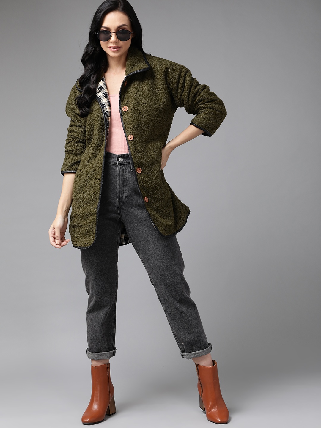 

Roadster Women Olive Green Longline Sherpa Tailored Jacket