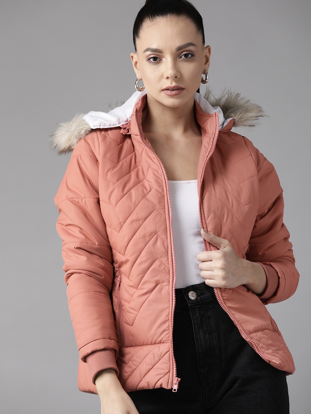 

Roadster Women Pink Parka Jacket with Detachable Hood