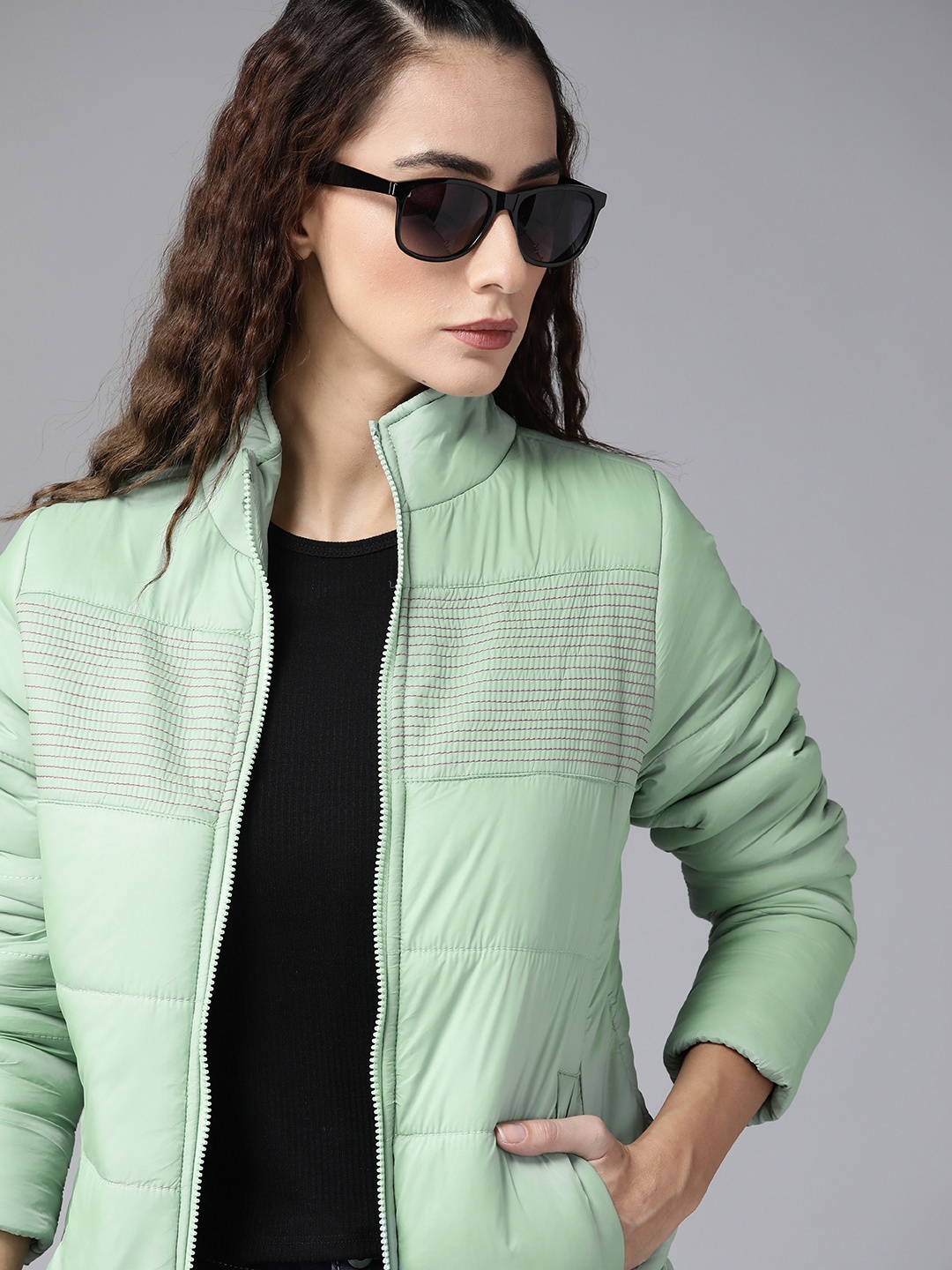 

Roadster Women Green Solid Padded Jacket