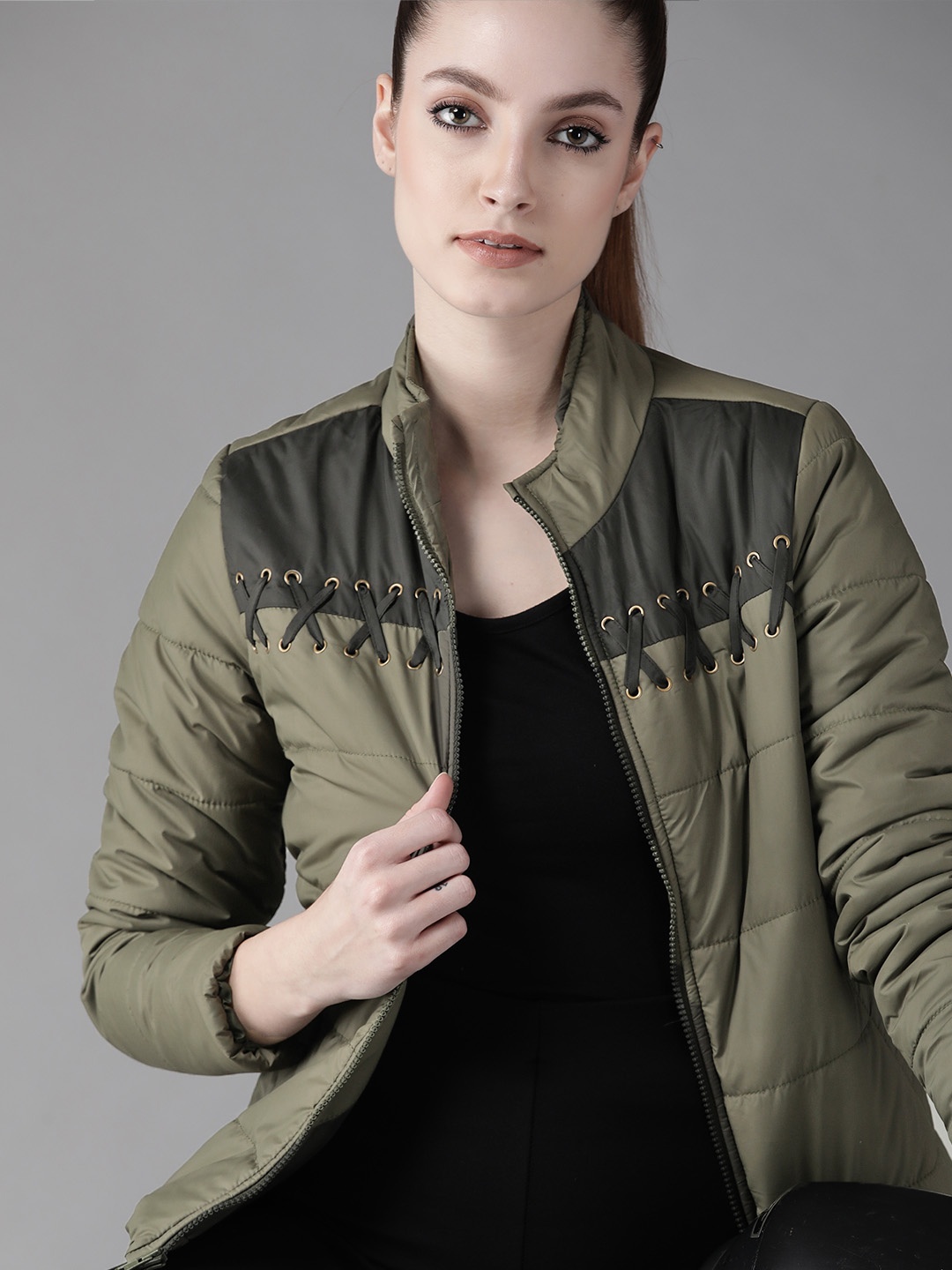 

Roadster Women Olive Green Colourblocked Padded Jacket
