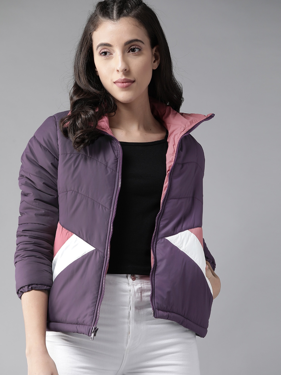 

Roadster Women Purple & White Geometric Printed Padded Jacket