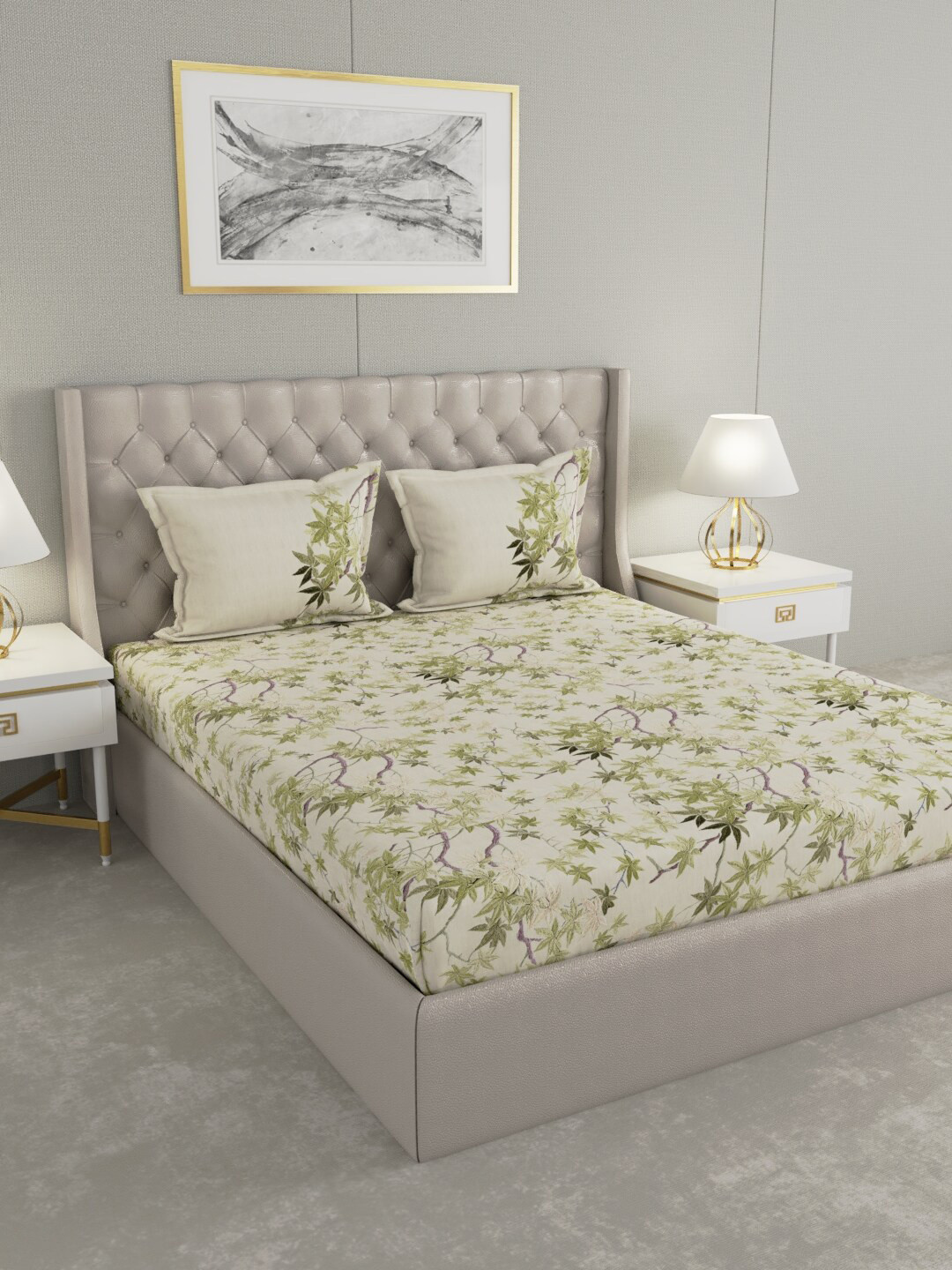 

MYTRIDENT Cream-Coloured Olive Green Floral 210 TC Cotton 1 King Bedsheet with 2 Pillow Covers