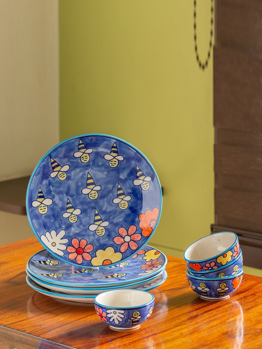 

ExclusiveLane Blue & Yellow 8 Pieces Hand-Painted Ceramic Dinner Set