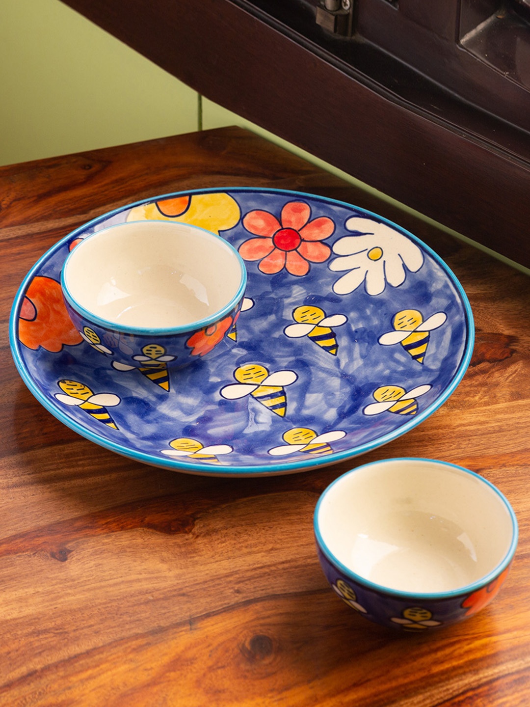 

ExclusiveLane 3 Pieces Blue Hand-painted Microwave Safe Ceramic Plate With Katoris