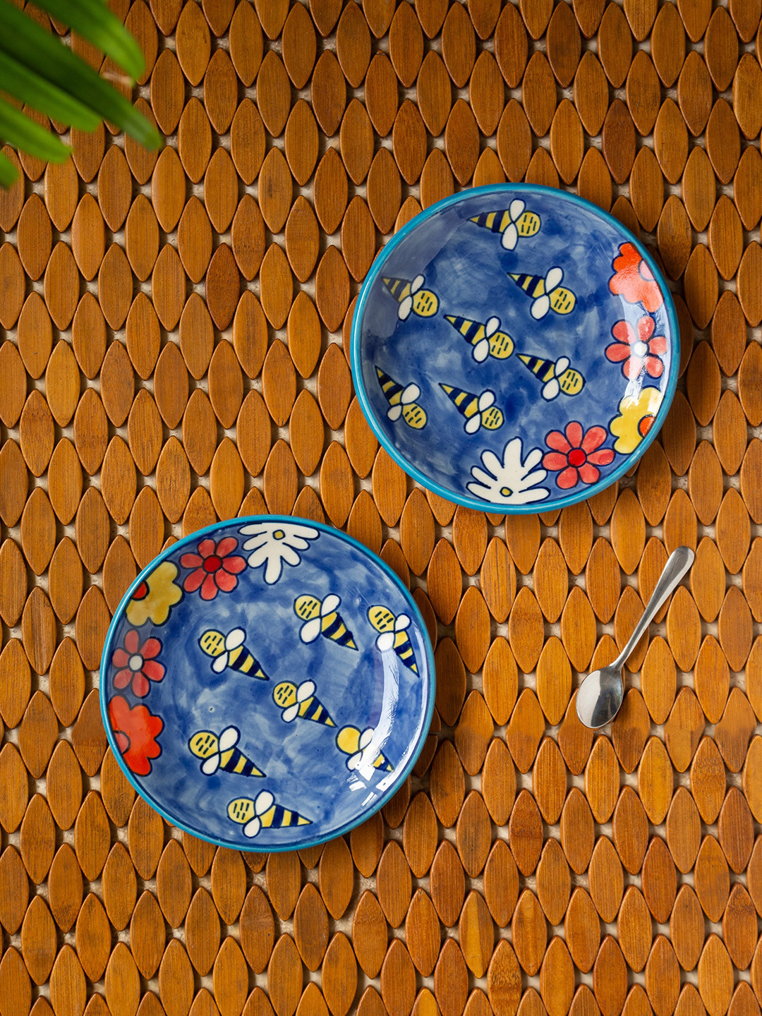 

ExclusiveLane Set of 2 Blue & Pink Hand-Painted Ceramic Quarter Plates, Navy blue