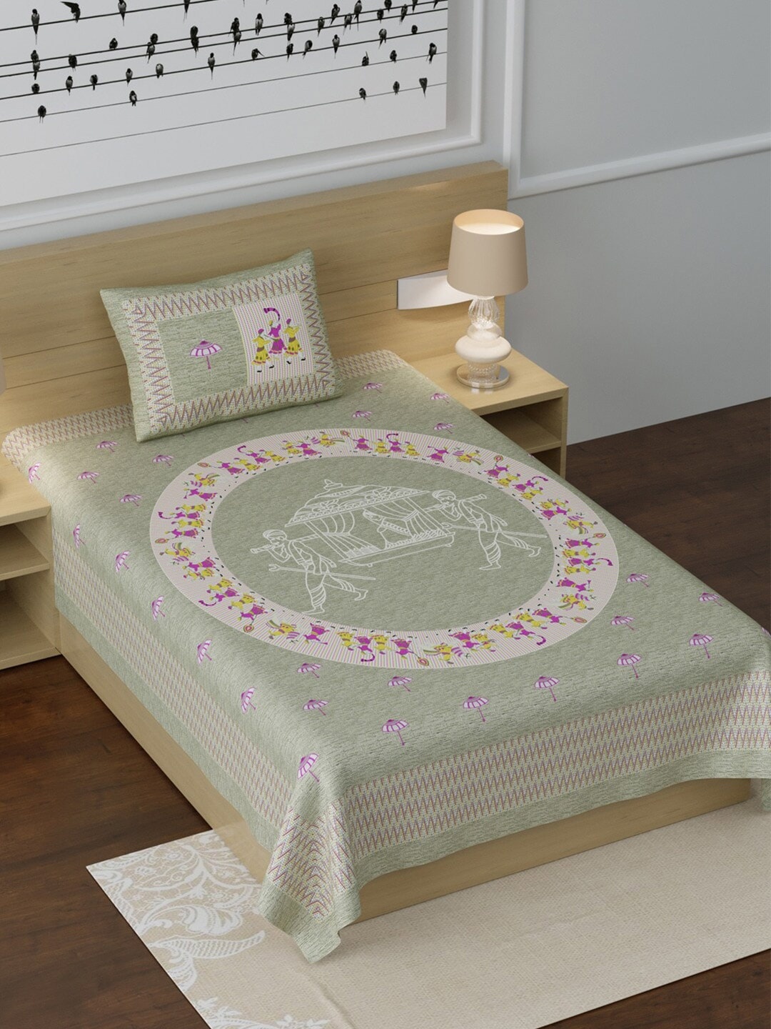 

LIVING ROOTS Grey Melange & White Ethnic Motifs 210 TC Cotton 1 Single Bedsheet with 1 Pillow Covers