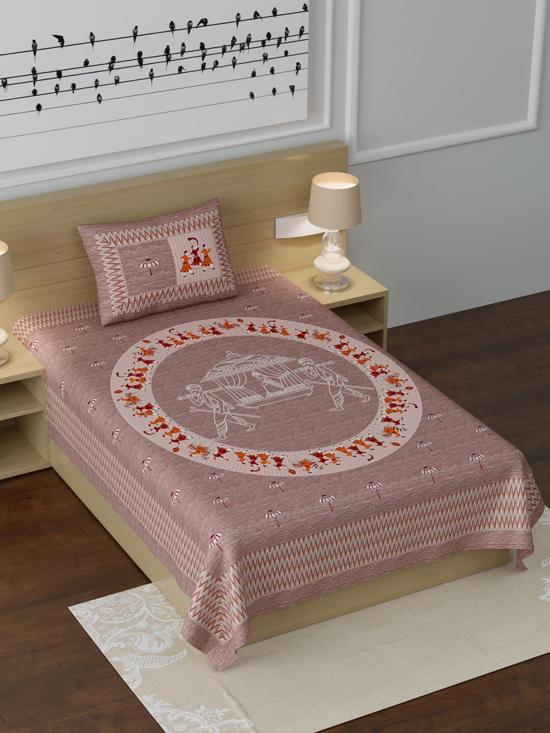 

LIVING ROOTS Taupe Ethnic Motifs 210 TC Cotton 1 Single Bedsheet with 1 Pillow Covers