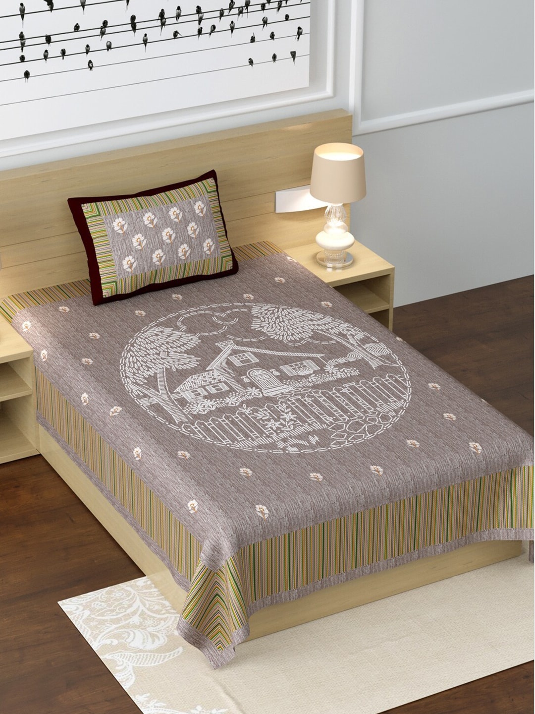 

LIVING ROOTS Taupe & White Ethnic Motifs 210 TC Cotton 1 Single Bedsheet with 1 Pillow Covers