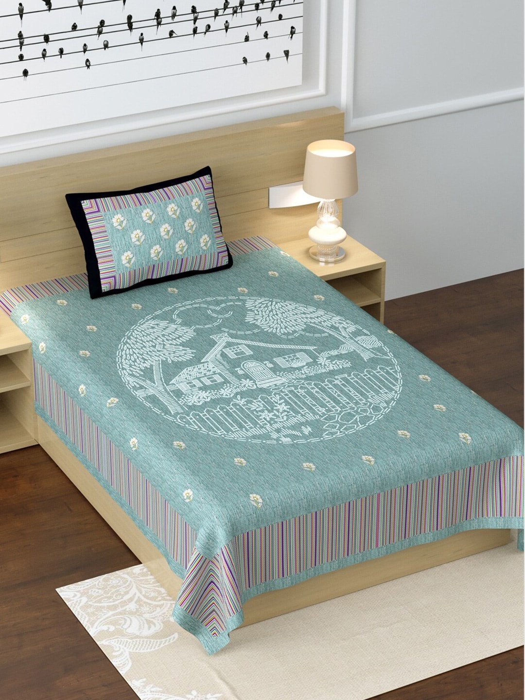 

LIVING ROOTS Sea Green & White Ethnic Motifs 210 TC Cotton 1 Single Bedsheet with 1 Pillow Covers