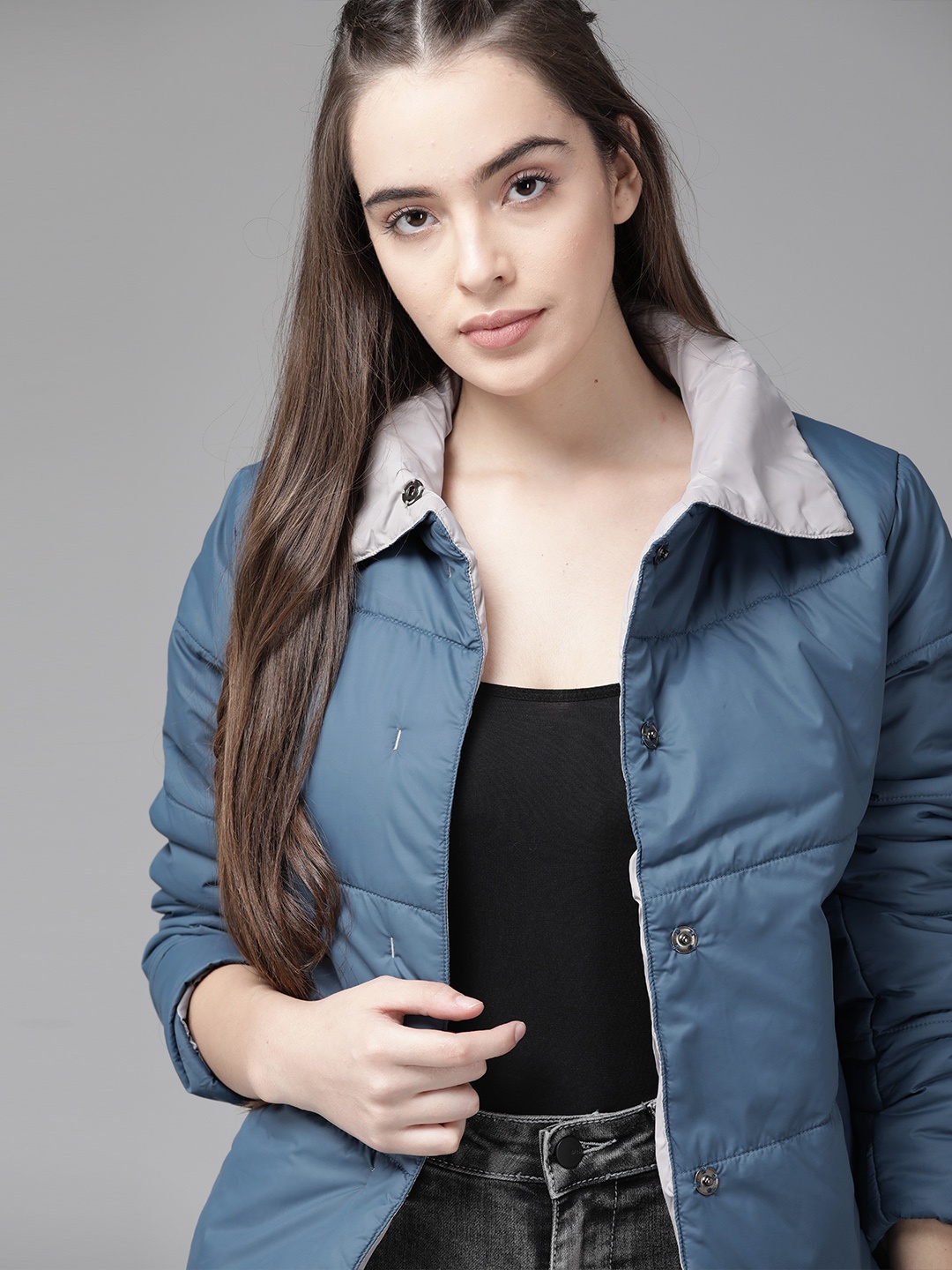 

Roadster Women Blue Solid Padded Jacket