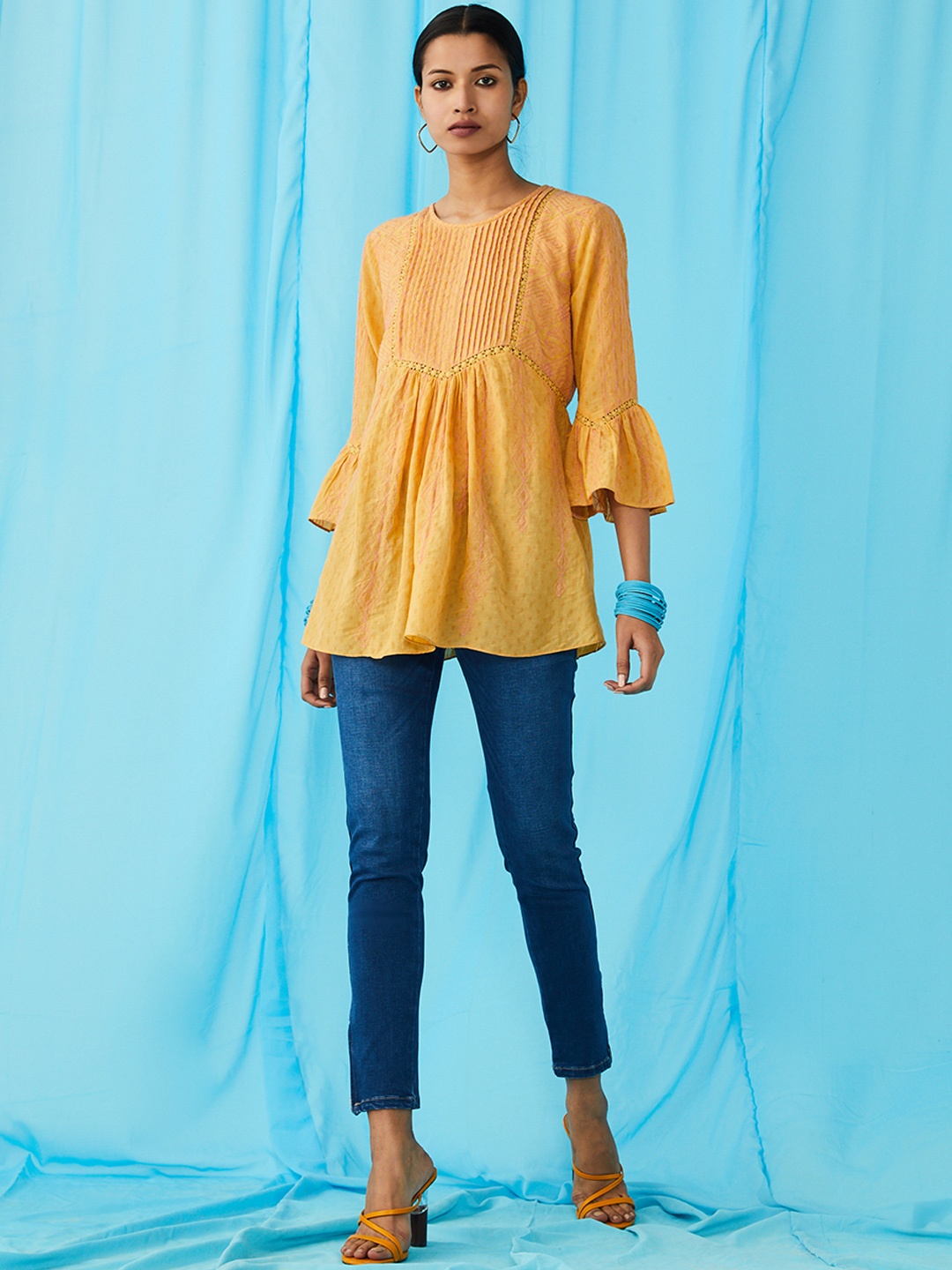 

Ritu Kumar Yellow & Pink Embroidered Bell Sleeves Dobby Kurti