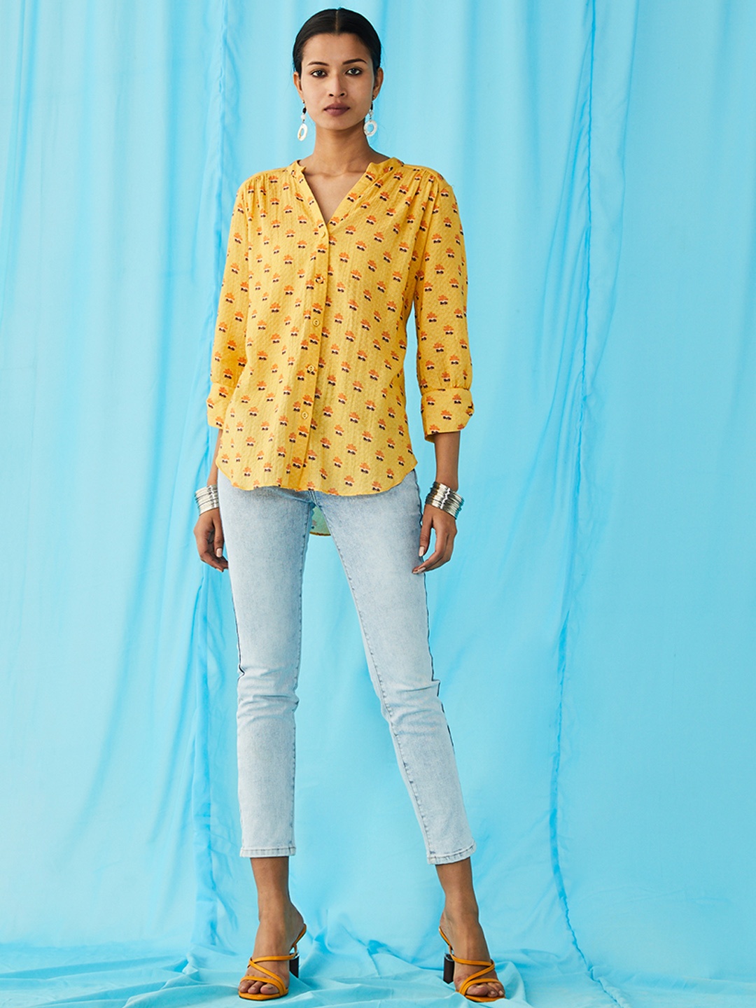 

Ritu Kumar Women Mustard Yellow & Black Pure Cotton Mandarin Collar Shirt Style Top
