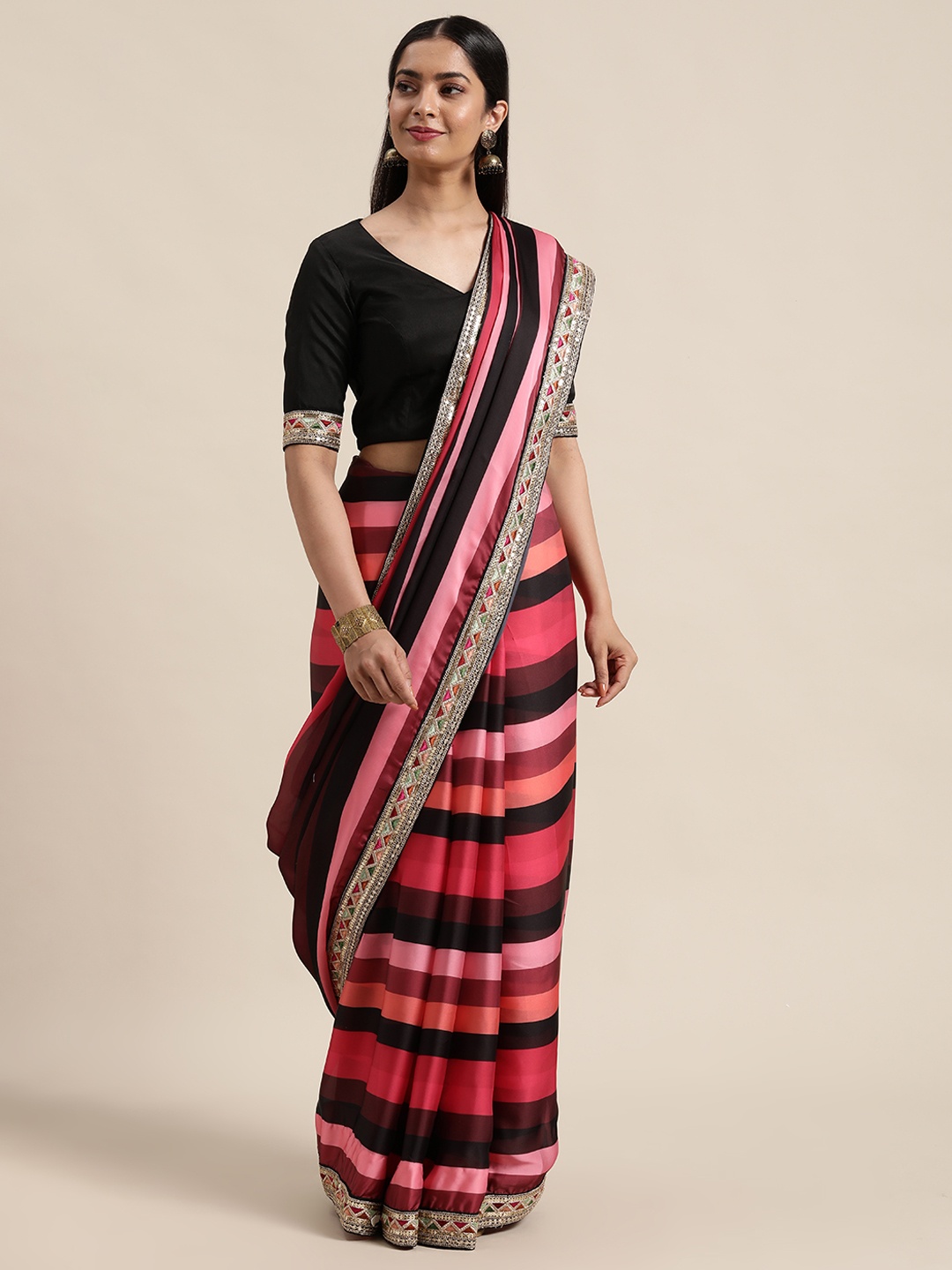 

Ethnovog Black Pink Striped Satin Saree