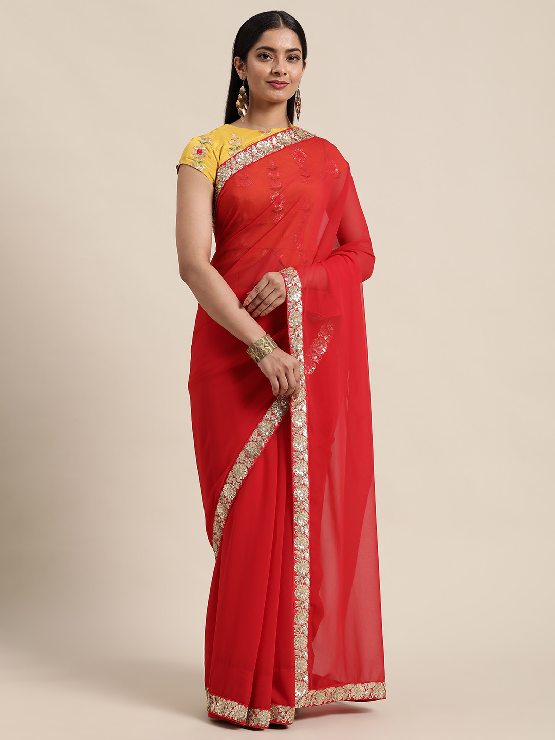 

Ethnovog Red Yellow Beads and Stones Saree