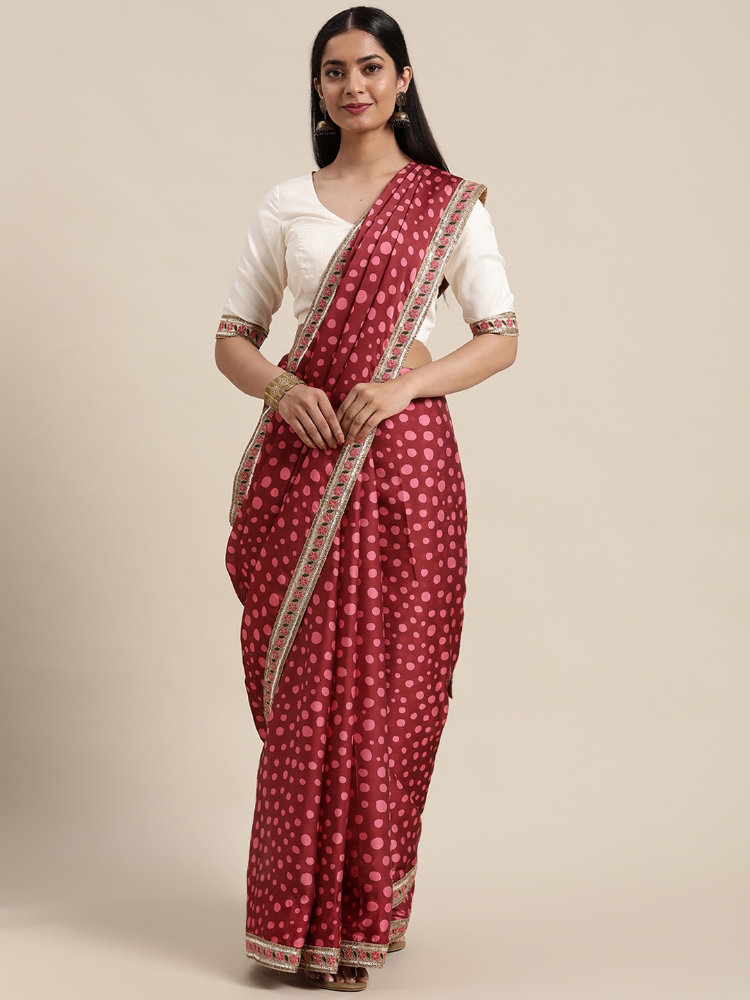 

Ethnovog Maroon Off White Satin Saree