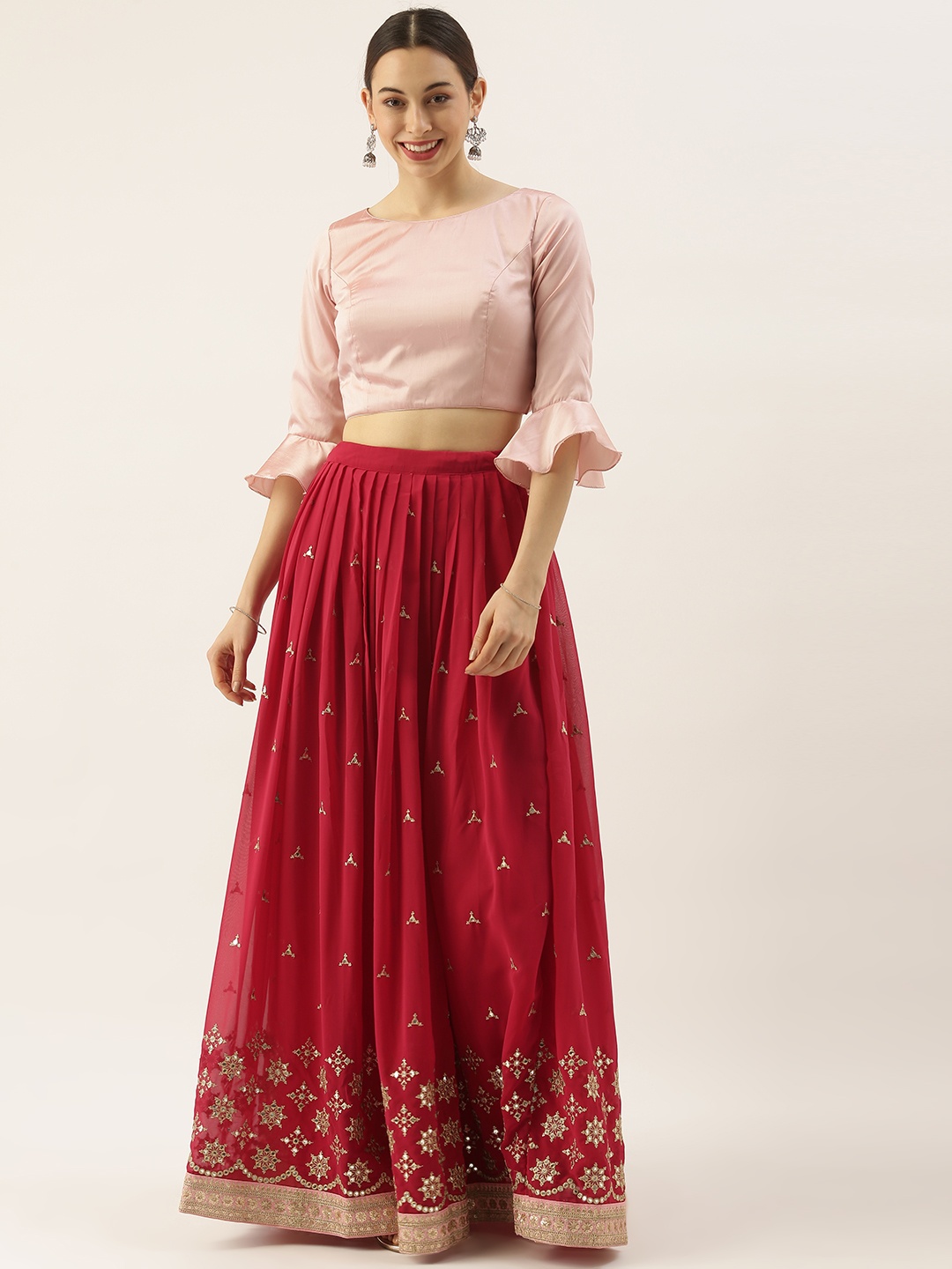 

Ethnovog Pink Red Sequinned Made to Measure Crop Top N Skirt Set