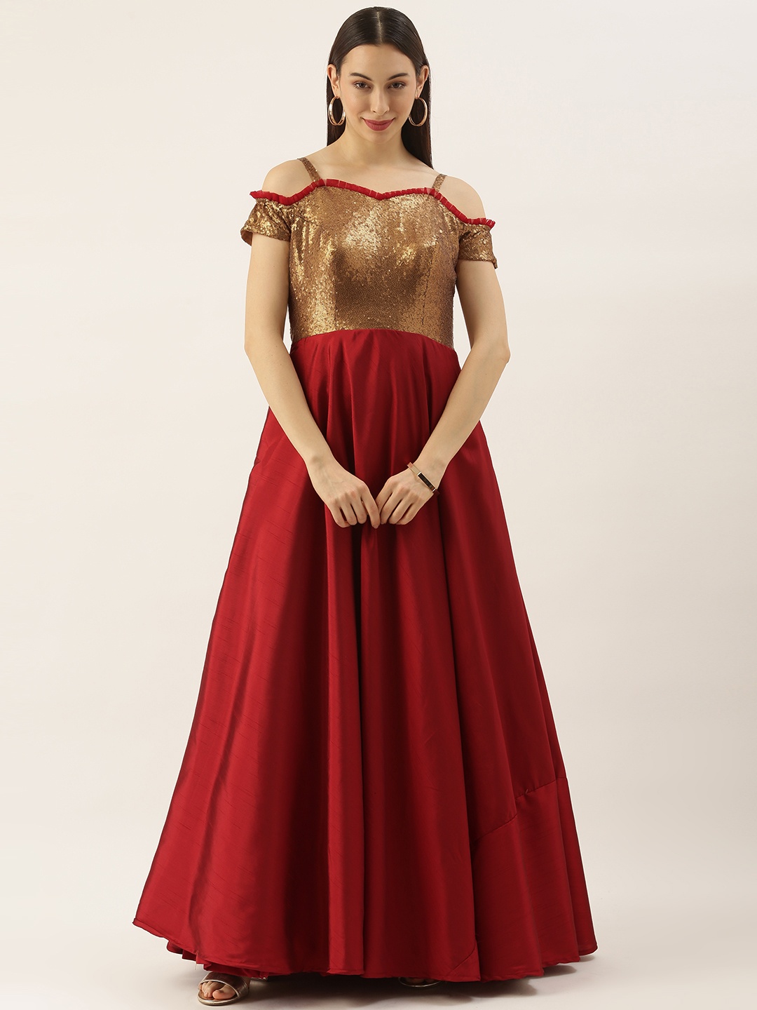 

Ethnovog Women Maroon Gold-Toned Made to Measure Maxi Dress
