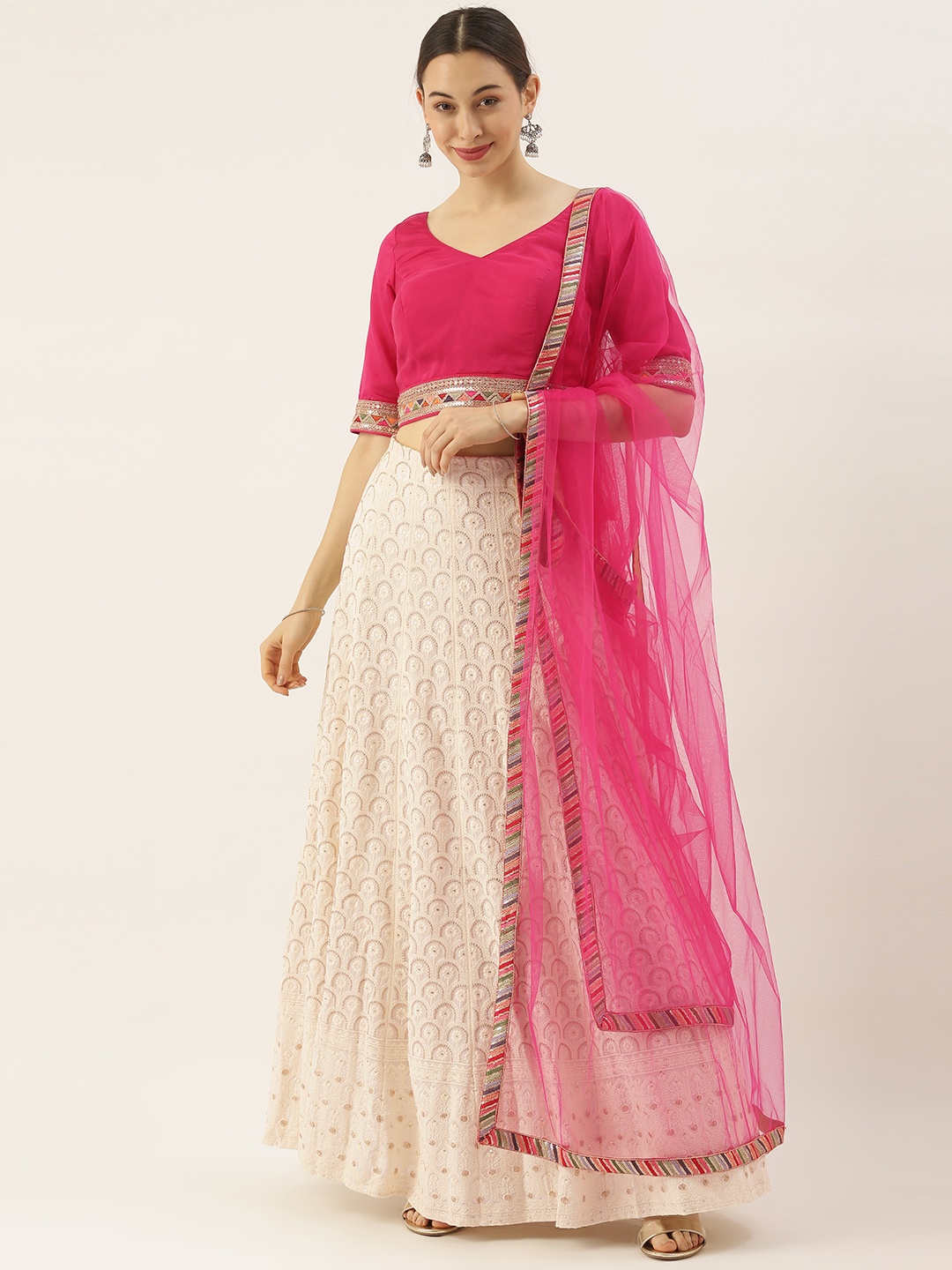 

Ethnovog Pink Off White Sequinned Made to Measure Lehenga Blouse With Dupatta