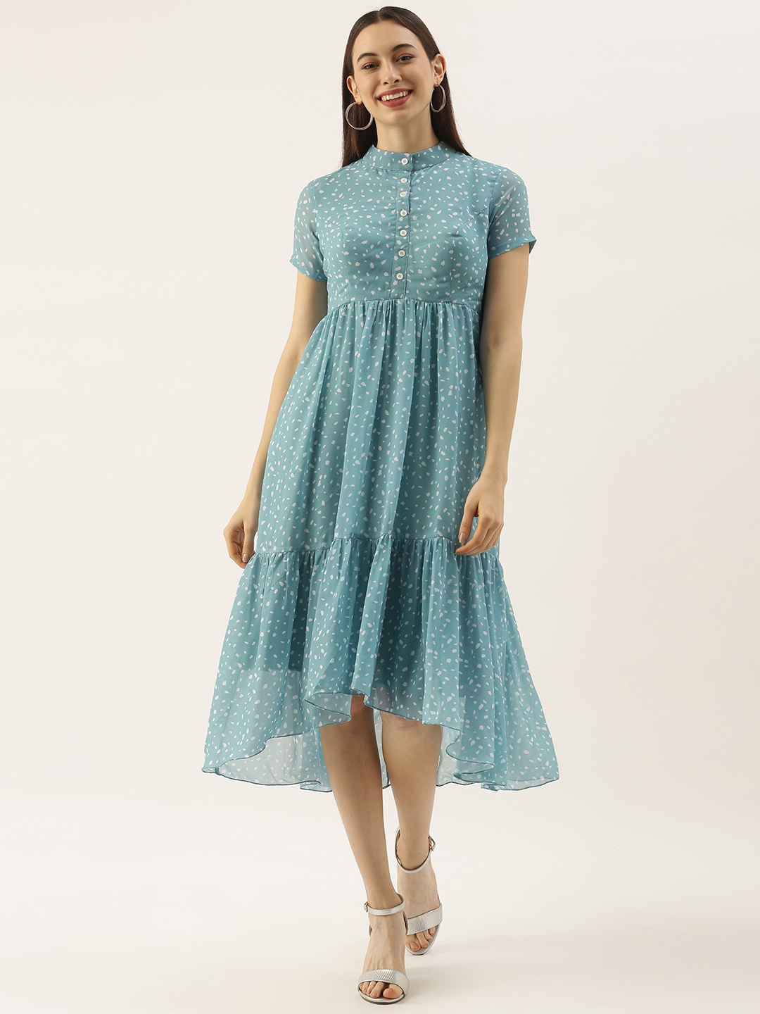 

Ethnovog Blue White Tiered Georgette Made To Measure Midi Dress