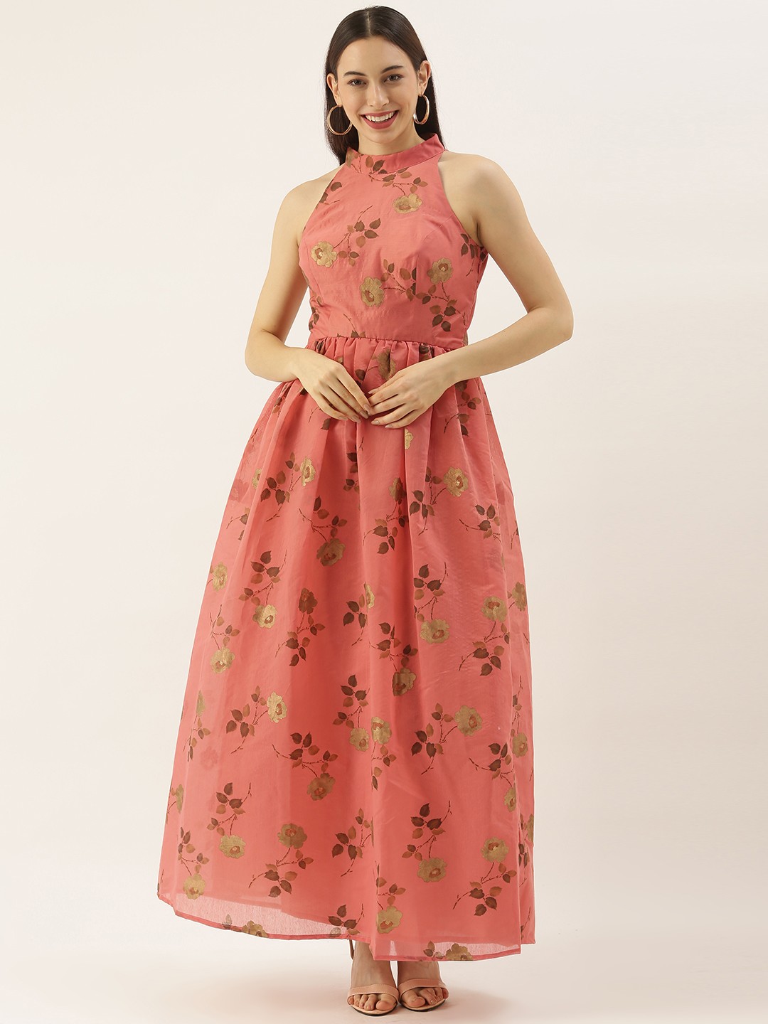 

Ethnovog Peach Brown Floral Made To Measure Maxi Dress