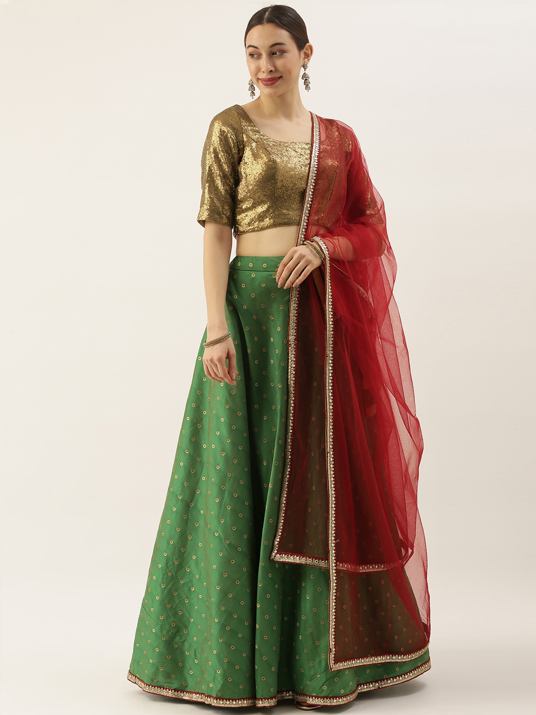 

Ethnovog Brown Green Sequinned Made to Measure Lehenga Blouse With Dupatta