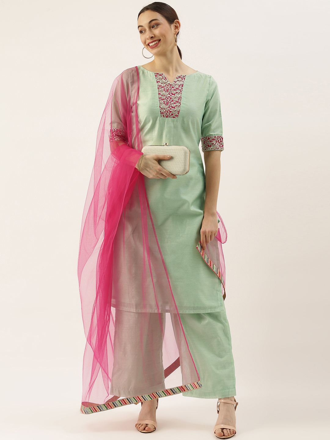 

Ethnovog Women Green Floral Yoke Design Patchwork Made To Measure Kurta Set